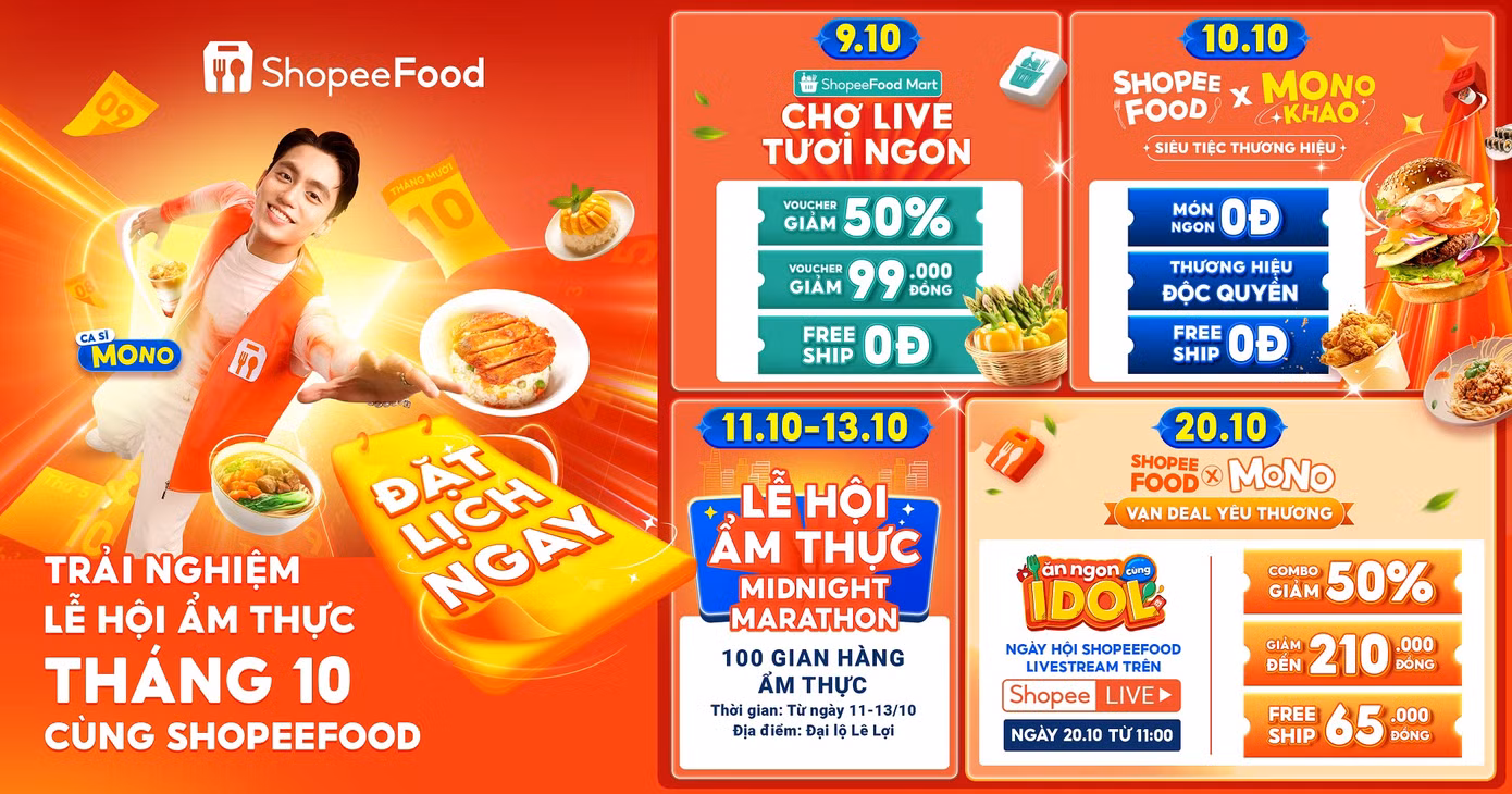 Không chỉ là không gian ăn uống, hàng loạt hoạt động còn kết hợp những trải nghiệm giải trí cho cá nhân, bạn bè và gia đình. Đặt lịch tham gia chuỗi hoạt động trong khuôn khổ lễ hội ẩm thực tháng 10 cùng ShopeeFood ngay hôm nay! Không chỉ là không gian ăn uống, hàng loạt hoạt động còn kết hợp những trải nghiệm giải trí cho cá nhân, bạn bè và gia đình. Đặt lịch tham gia chuỗi hoạt động trong khuôn khổ lễ hội ẩm thực tháng 10 cùng ShopeeFood ngay hôm nay!