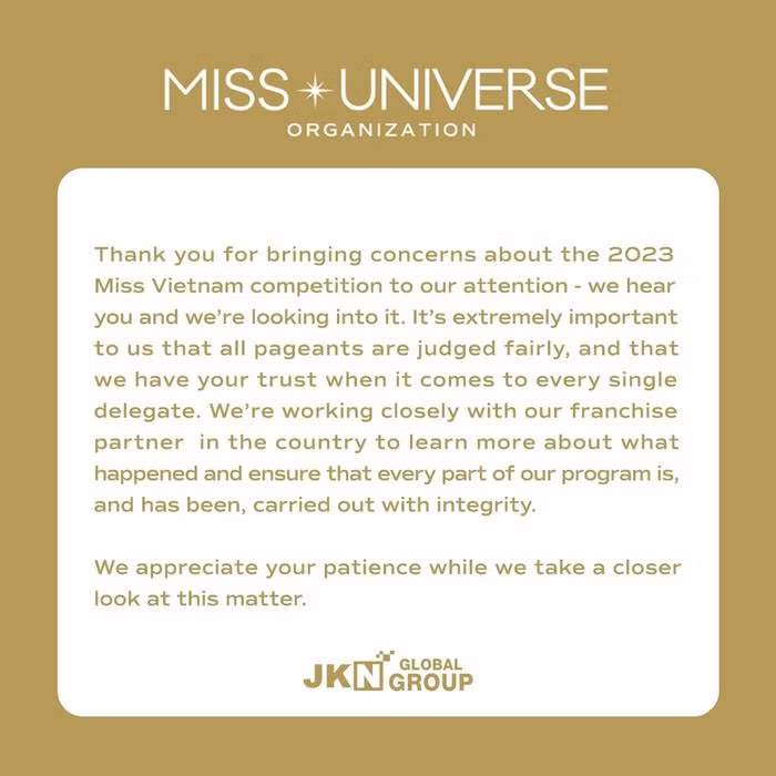 Tổ chức Miss Universe vào cuộc kiểm tra tính minh bạch sau khi cư dân mạng Việt Nam yêu cầu "phúc khảo" kết quả. Tổ chức Miss Universe vào cuộc kiểm tra tính minh bạch sau khi cư dân mạng Việt Nam yêu cầu "phúc khảo" kết quả.
