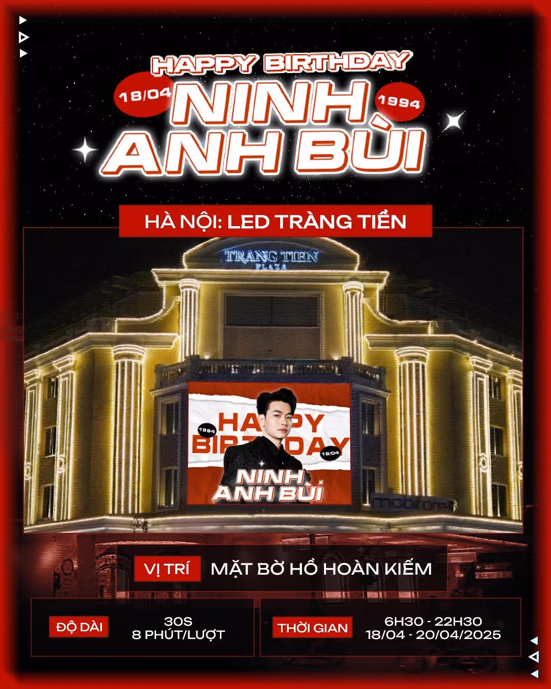 "Chú Ninh" toả sáng trên màn LED tại Tràng Tiền Plaza. Ảnh: Diễm Hằng.