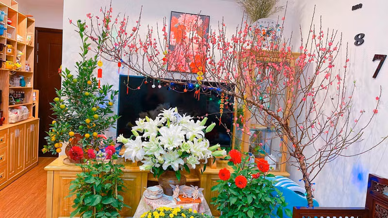 Tạo điểm nhấn cho phòng khách bằng những đóa hoa tươi, nhành quất trĩu quả hay phụ kiện trang trí xinh xắn. Bên cạnh đó nhớ chuẩn bị đầy đủ bánh mứt, dĩa trái cây, khay hạt dưa hạt bí và một ly tách trà,...