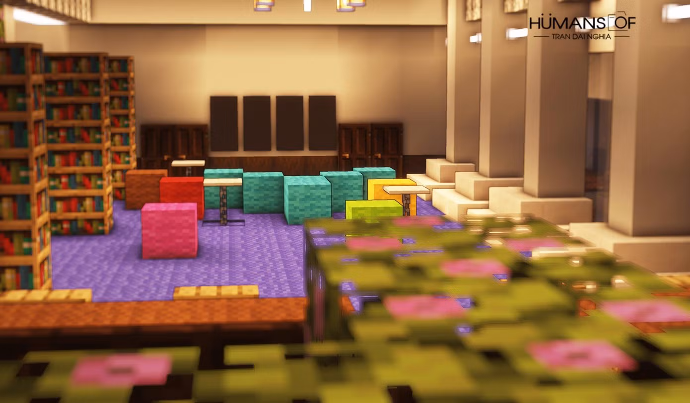 Một góc thư viện trường THPT chuyên Trần Đại Nghĩa phiên bản Minecraft - Ảnh: Humans of TĐN