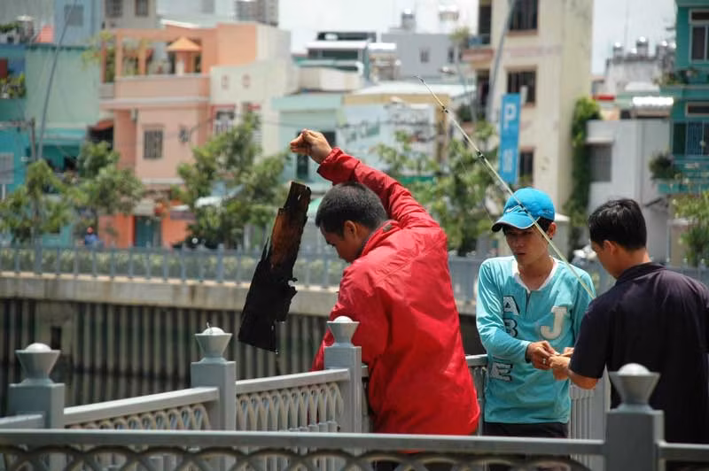 “Trời nắng nóng, cá cũng trốn hết. Câu cả buổi chỉ toàn là rác”, anh Huỳnh Minh Điệp (trú đường Lê Văn Sỹ, quận Phú Nhuận) nói