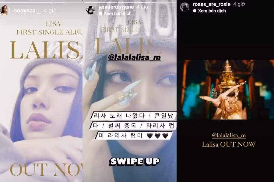 Jisoo, Jennie và Rosé (lần lượt từ trái qua phải) đều đồng loạt đăng story quảng bá cho MV LALISA. Jisoo, Jennie và Rosé (lần lượt từ trái qua phải) đều đồng loạt đăng story quảng bá cho MV LALISA.