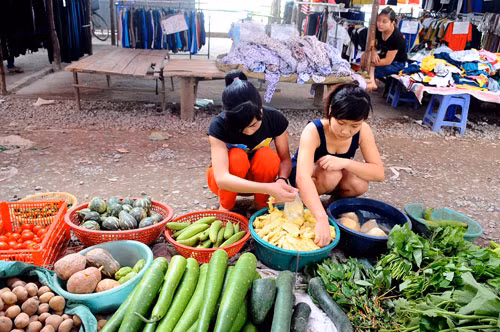 Chợ Bầu hình thành chủ yếu để phục vụ cho các nữ công nhân. Do đó, chỉ lương thực, thực phẩm bán chạy, còn quần áo khá ế ẩm. Phạm Thị Ánh (trái) và bạn cùng phòng đang chọn mua thức ăn