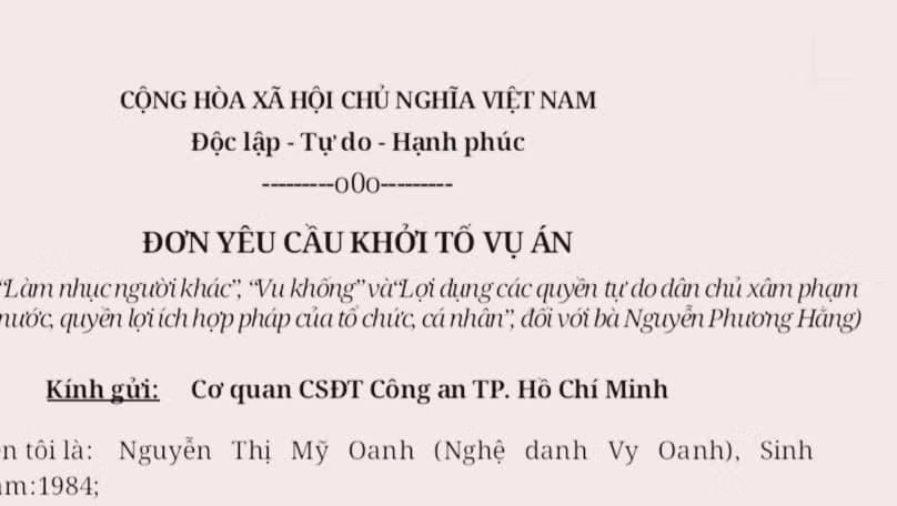 Đơn đề nghị khởi tố của ca sỹ Vy Oanh.