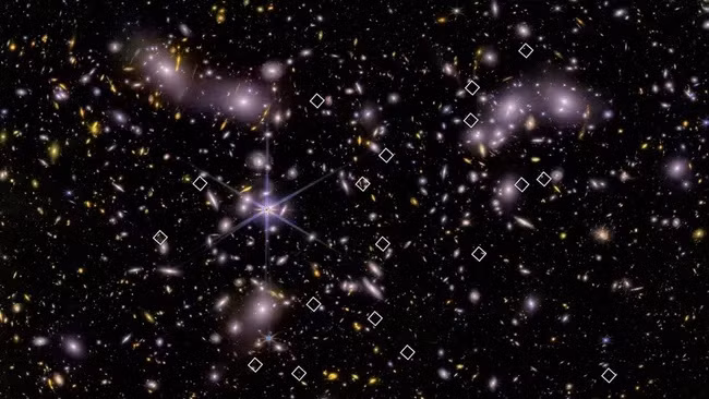 Đánh dấu 20 trong số 83 thiên hà bùng nổ sao nhỏ được JWST phát hiện. Các nhà khoa học cho biết các thiên hà như thế này có thể đã phát ra đủ ánh sáng UV để thúc đẩy Kỷ nguyên tái ion hóa. (Ảnh: NASA/ESA/CSA/Bezanson et al. 2024 và Wold et al. 2025)