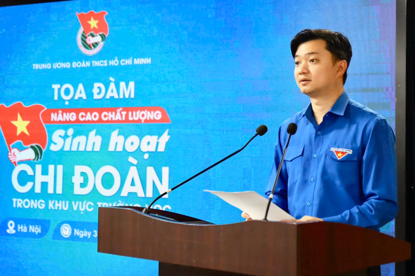 Anh Nguyễn Minh Triết - Bí thư T.Ư Đoàn, Chủ tịch T.Ư Hội SVVN phát biểu tại chương trình. Ảnh: Châu Linh