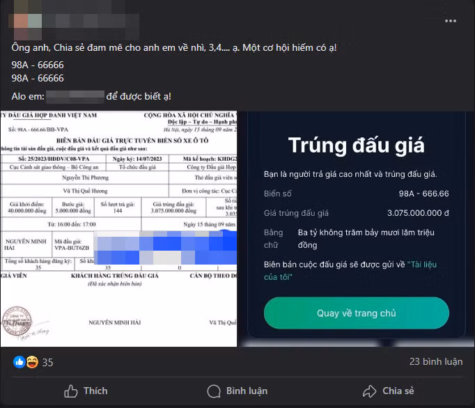 Một số người đăng tải bài viết sang nhượng biển số trúng đấu giá.