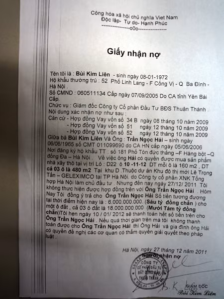 Giấy nhận nợ của Công ty Thuận Thành..