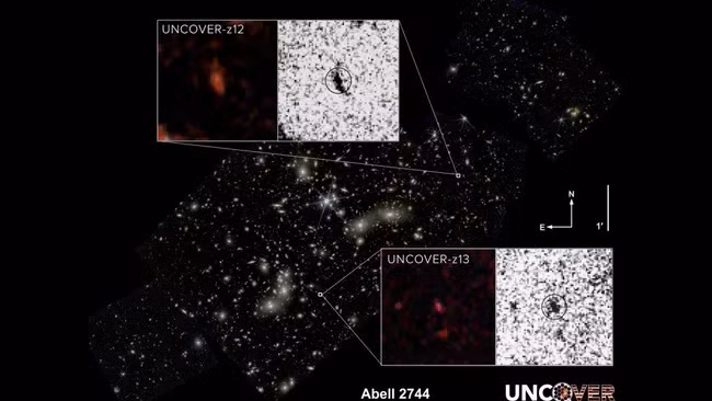 Các thiên hà xa thứ hai và thứ tư từng được nhìn thấy (UNCOVER z-13 và UNCOVER z-12) đã được xác nhận bằng Camera cận hồng ngoại (NIRCam) của Kính thiên văn James Webb. (Ảnh: NASA)
