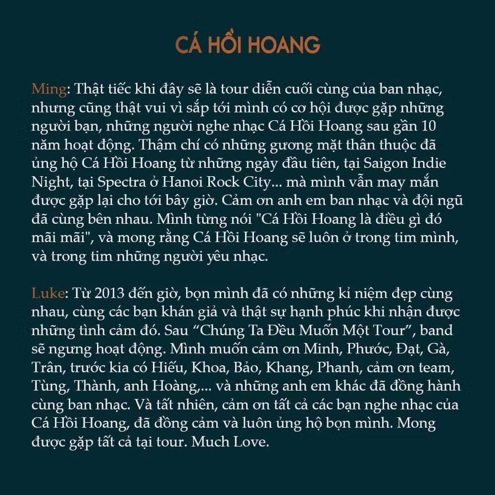 Nhóm nhạc Cá Hồi Hoang chính thức dừng hoạt động sau nhiều năm.