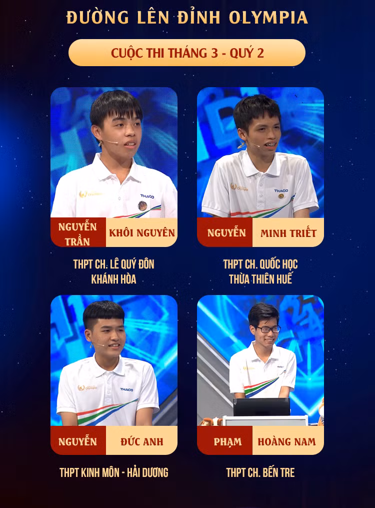 4 thí sinh đã có phần thể hiện cực kỳ xuất sắc. Nguồn: Fanpage Đường Lên Đỉnh Olympia 4 thí sinh đã có phần thể hiện cực kỳ xuất sắc. Nguồn: Fanpage Đường Lên Đỉnh Olympia