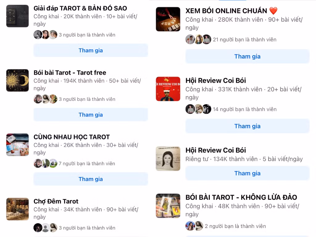 Các hội nhóm xem bói online mọc lên như nấm. (Ảnh: Tổng hợp). Các hội nhóm xem bói online mọc lên như nấm. (Ảnh: Tổng hợp).