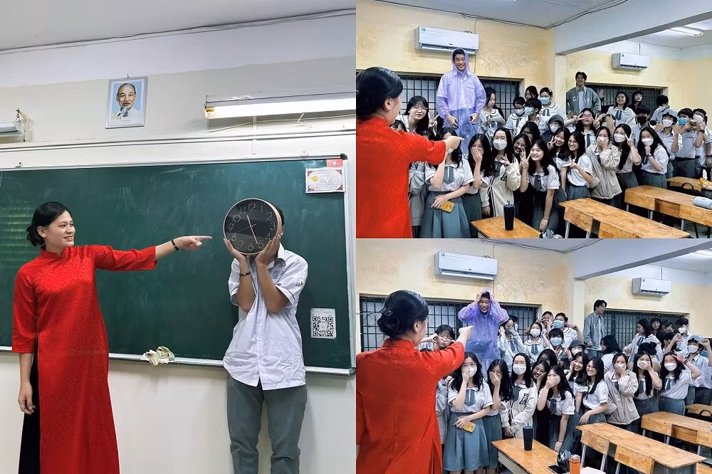 Bên cạnh tà áo dài đỏ nổi bật của cô giáo, nhân vật áo mưa tím của lớp 10A14 THPT Hùng Vương (TP.HCM) chắc sẽ được nhiều người xin info!