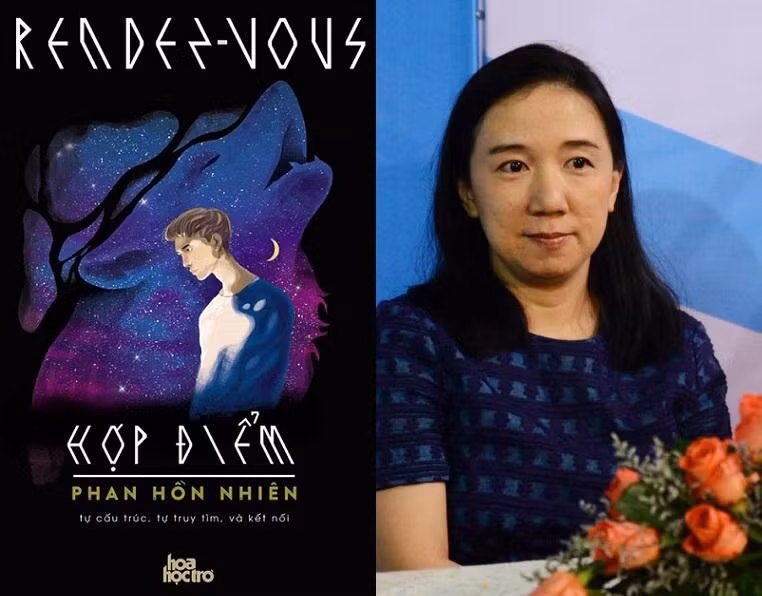 Nhà văn Phan Hồn Nhiên và cuốn sách "Hợp điểm" do Hoa Học Trò phát hành.