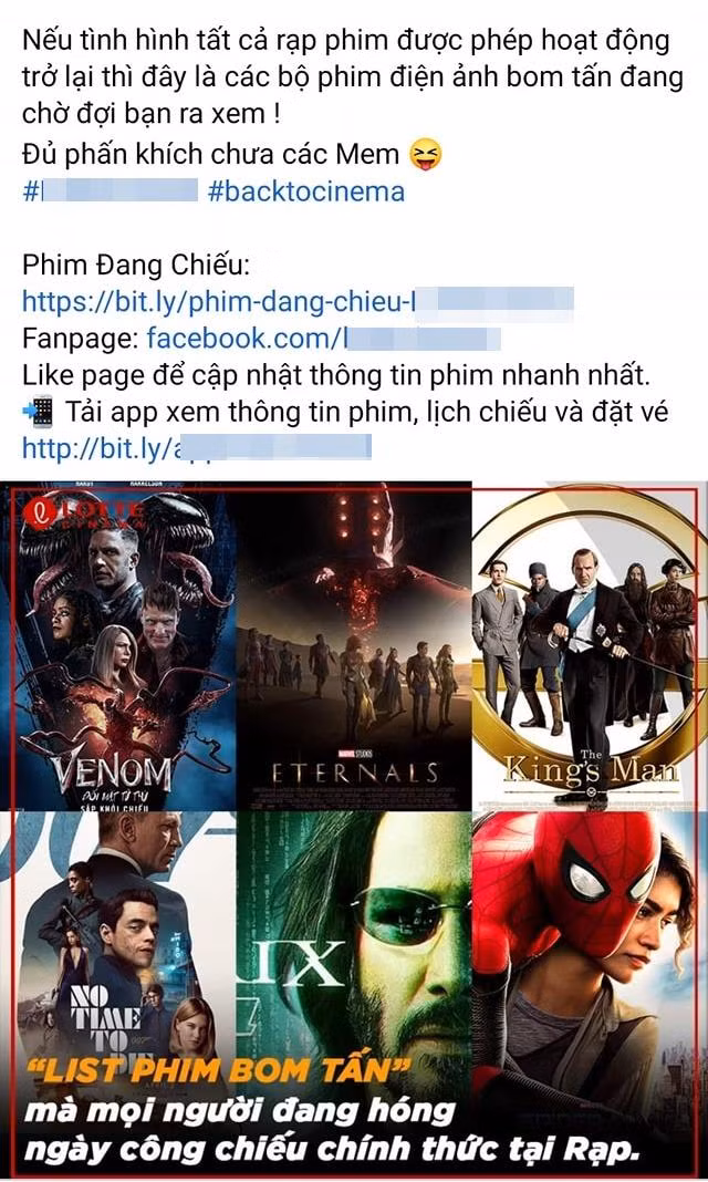 Fanpage rạp phim cập nhật loạt phim "bom tấn" sẽ ra rạp khi được mở cửa đón khách trở lại. Fanpage rạp phim cập nhật loạt phim "bom tấn" sẽ ra rạp khi được mở cửa đón khách trở lại.