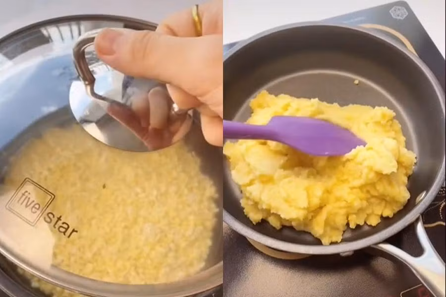 Nấu nhừ đậu xanh đã ngâm rồi sên trên lửa nhỏ đến khi nhân bánh quyện lại. Nấu nhừ đậu xanh đã ngâm rồi sên trên lửa nhỏ đến khi nhân bánh quyện lại.