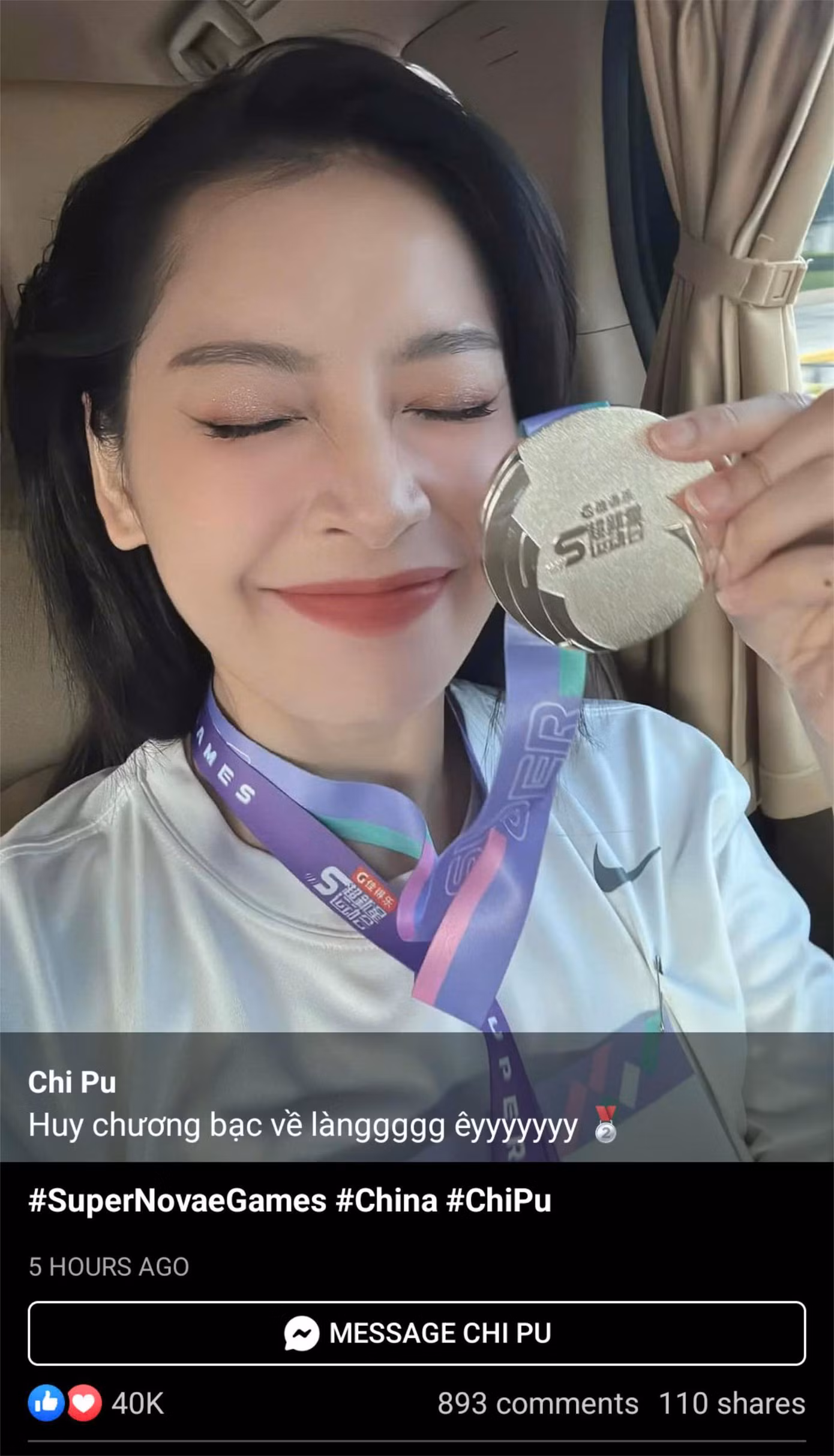 Bài viết Chi Pu "flex" huy chương Bạc tại Super Novae Games nhận được tương tác khủng trên mạng xã hội. Bài viết Chi Pu "flex" huy chương Bạc tại Super Novae Games nhận được tương tác khủng trên mạng xã hội.