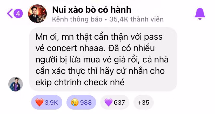 Dàn Anh Tài từng nhắn nhủ người hâm mộ cảnh giác khi mua vé qua trung gian.