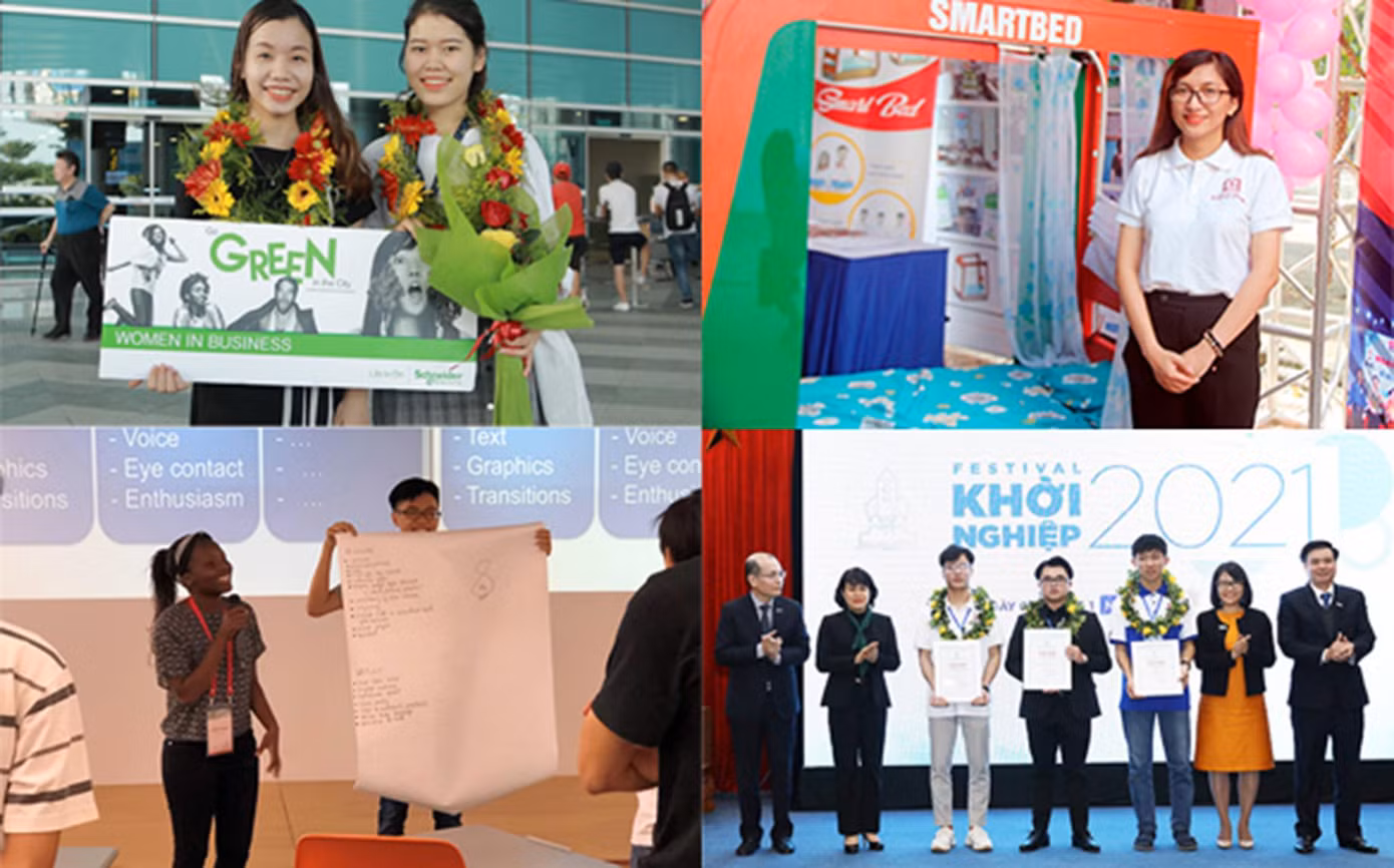 Nguyễn Thị Thanh cùng bạn trong nhóm nhận giải Women in Business Award 2018(ảnh trên bên trái); Trish Maguta thuyết trình sản phẩm giành giải Bacuộc thi CDIO Academy 2018 ở Nhật (ảnh dưới bên trái); Lê Thị Thu Ngânthuyết trình sản phẩm nhận giải Ba cuộc thi Khởi nghiệp Quốc gia 2020