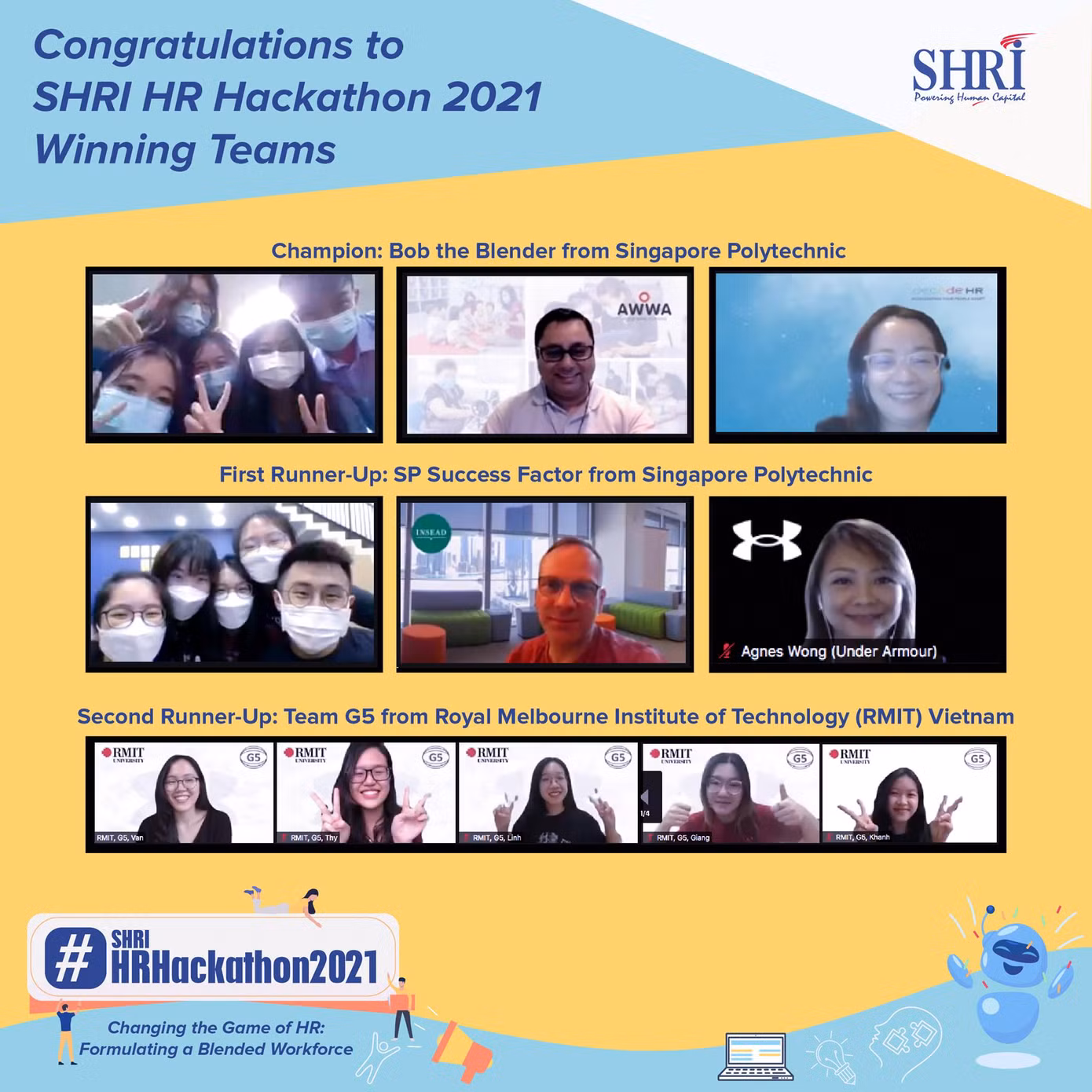 Đội thắng cuộc từ RMIT Việt Nam tại cuộc thi Hackathon thường niên của Viện Nhân sự Singapore (SHRI): (hàng cuối cùng trong hình, từ trái sang) sinh viên ngành Kinh doanh (Quản trị nguồn nhân lực) Đại học RMIT Nguyễn Hoàng Du Vân, Trần Bích Thy, Vũ Ngọc Khánh Linh, Nguyễn Linh Giang và Ngô Doãn Minh Khanh.