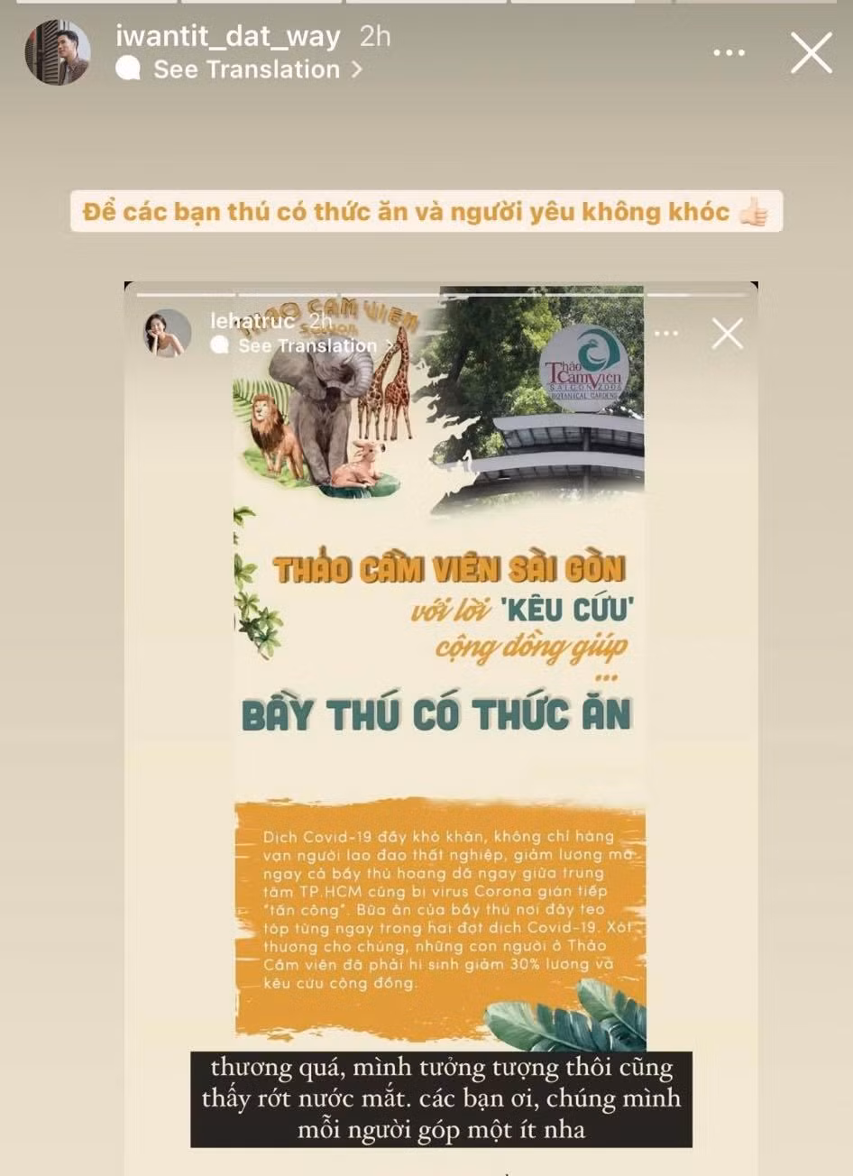 Phi công Quang Đạt chia sẻ lại Story kêu gọi hỗ trợ Thảo Cầm Viên của bạn gái Hà Trúc.