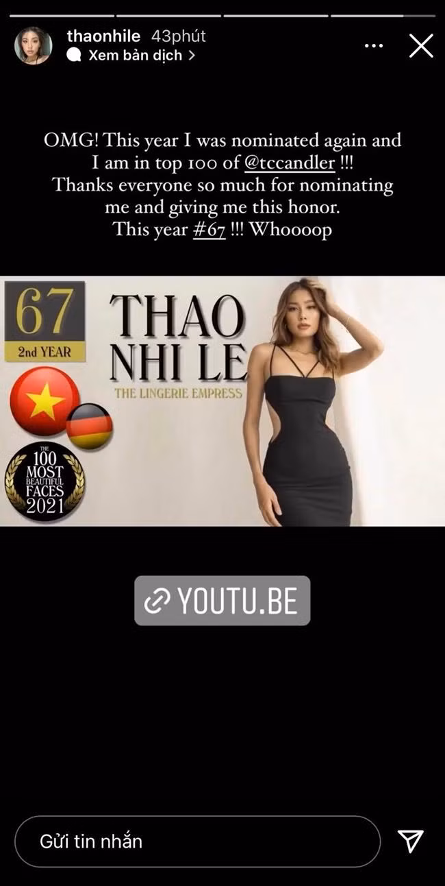 Thảo Nhi Lê đăng story thể hiện niềm vui khi lọt Top trong bảng xếp hạng nhan sắc vừa được tiết lộ.