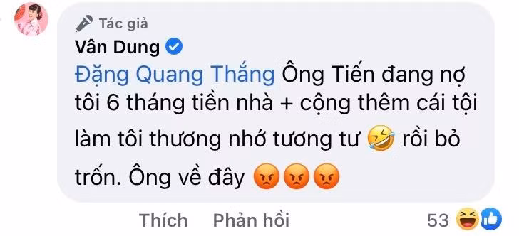 NS Vân Dung tag luôn tài khoản facebook của NSƯT Quang Thắng để kể tội ông Tiến. NS Vân Dung tag luôn tài khoản facebook của NSƯT Quang Thắng để kể tội ông Tiến.