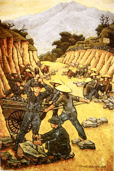 Lấy đá hộc,TNXP Hà Tĩnh – C533, khe thở, 21 -3 -1970. Ký họa bút sắt , thuốc nước
