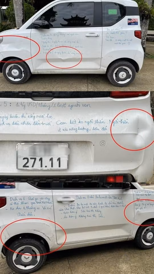 Chiếc ô tô được người phụ nữ viết các dòng chữ lạ