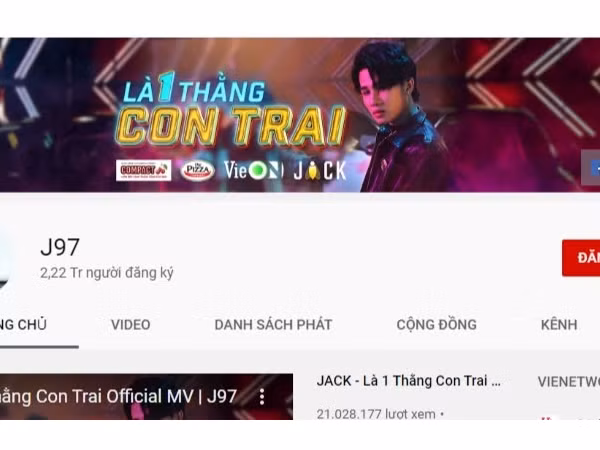 Kênh Youtube J97 của Jack đã đạt được 2.2 triệu theo dõi sau MV Là 1 Thằng Con Trai.
