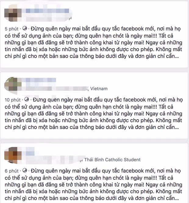Thông tin "Facebook sẽ công khai tất cả ảnh riêng tư của người dùng từ ngày mai" là giả nhưng được rất nhiều người chia sẻ. (Ảnh chụp màn hình)