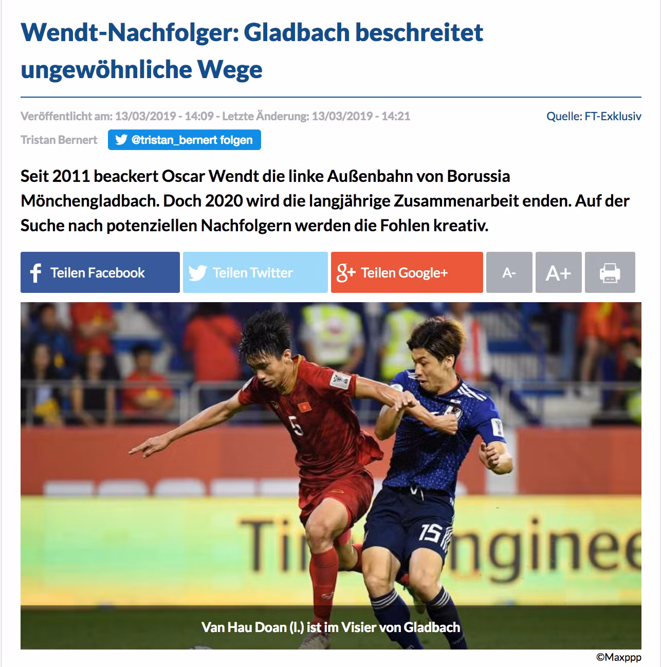 Thông tin về việc CLB Monchengladbach muốn chiêu mộ Văn Hậu xuất hiện trên trang Fussball Transfer.