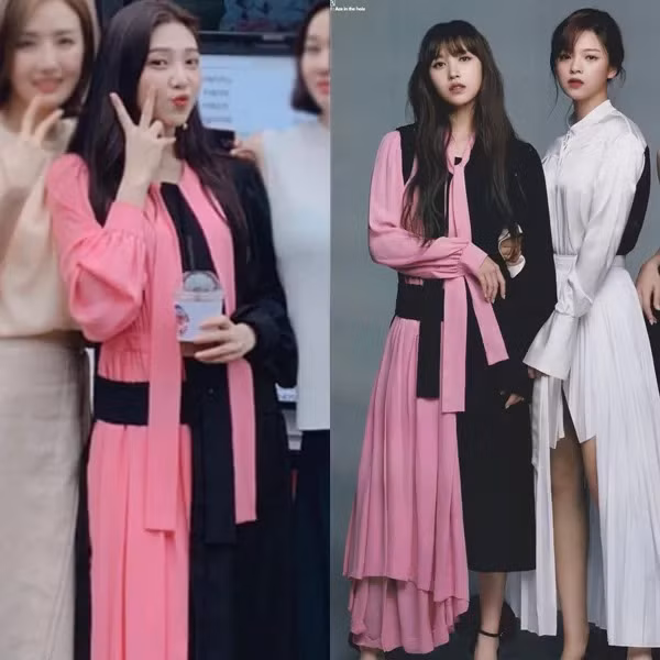 Joy (Red Velvet) và Mina (Twice) mới đây được netizen đặt lên bàn cân so sánh khi không hẹn mà cùng diện bộ cánh đen-hồng của hãng Maison Margiela, giá 2.650 USD (gần 62 triệu đồng). Thiết kế này có kiểu dáng cầu kỳ, nhiều tầng lớp, vì thế chưa hẳn phù hợp với vóc dáng đầy đặn của Joy (trái).