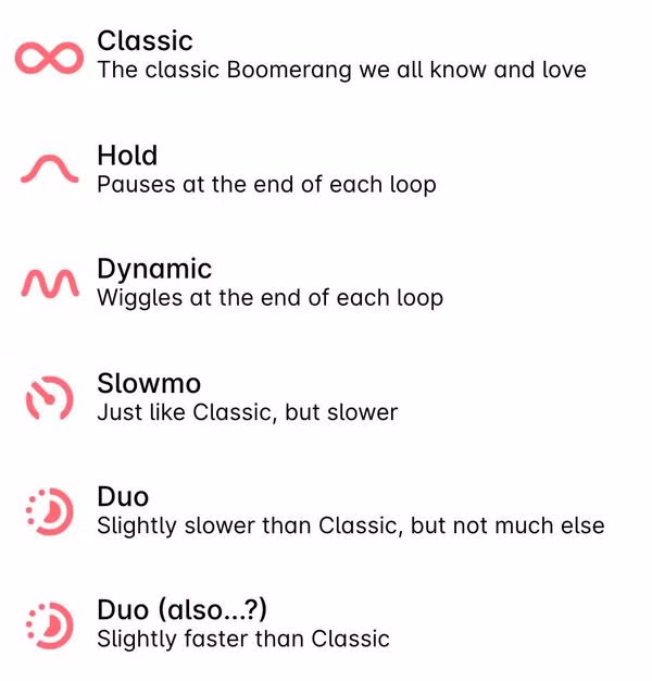 Boomerang sẽ có thêm chế độ “Hold”, “Dynamic”, “Slow Slowmo” và 2 chế độ “Duo”.