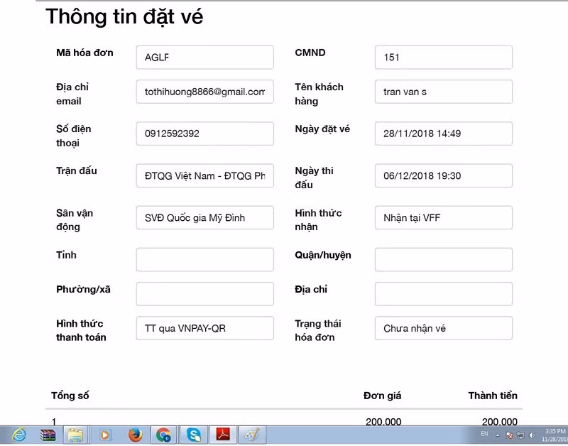 Thông báo đặt mua vé xem bóng đá trận Việt Nam gặp Philippines của anh S. được email xác nhận giao dịch đã thành công.