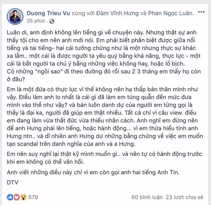 Dương Triệu Vũ đăng status tag thẳng hai nhân vật chính vào.