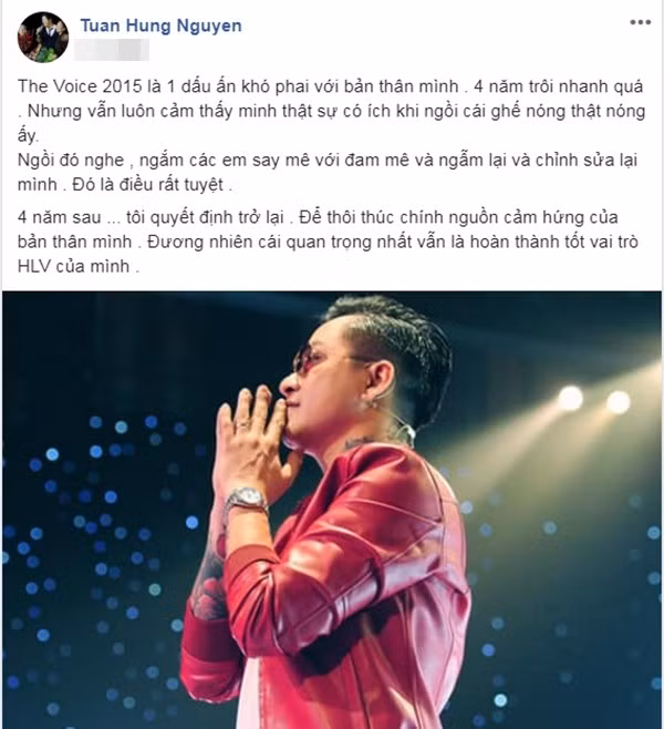 Dòng trạng thái xác nhận quay trở lại The Voice của Tuấn Hưng.