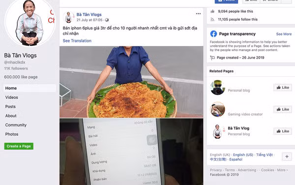 Một fanpage giả mạo bà Tân để bán điện thoại iPhone 6 Plus.