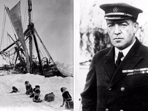 Hình ảnh con tàu Endurance bị mắc kẹt và thuyền trưởng Ernest Shackleton.