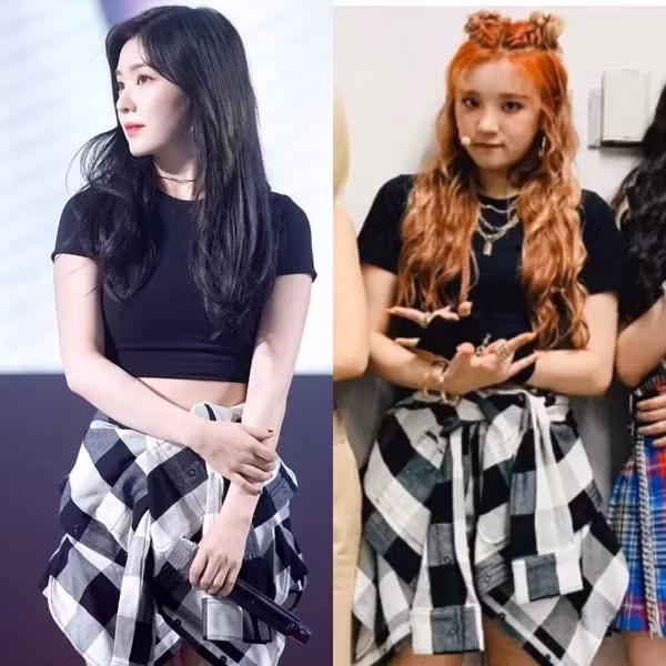 Chân váy caro buộc vạt làm nên cuộc đụng hàng giữa Irene (trái) và Yuqi (G)-IDLE. Cả hai có cách mix-match giống nhau khi kết hợp chân váy 17,4 triệu đồng của Alexander Wang với croptop đen khiến tổng thể năng động, khỏe khoắn.