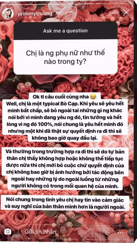 Primmy Trương chia sẻ quan điểm về tình yêu khiến nhiều người nghi ngờ cô và Phan Thành đang "trục trặc".