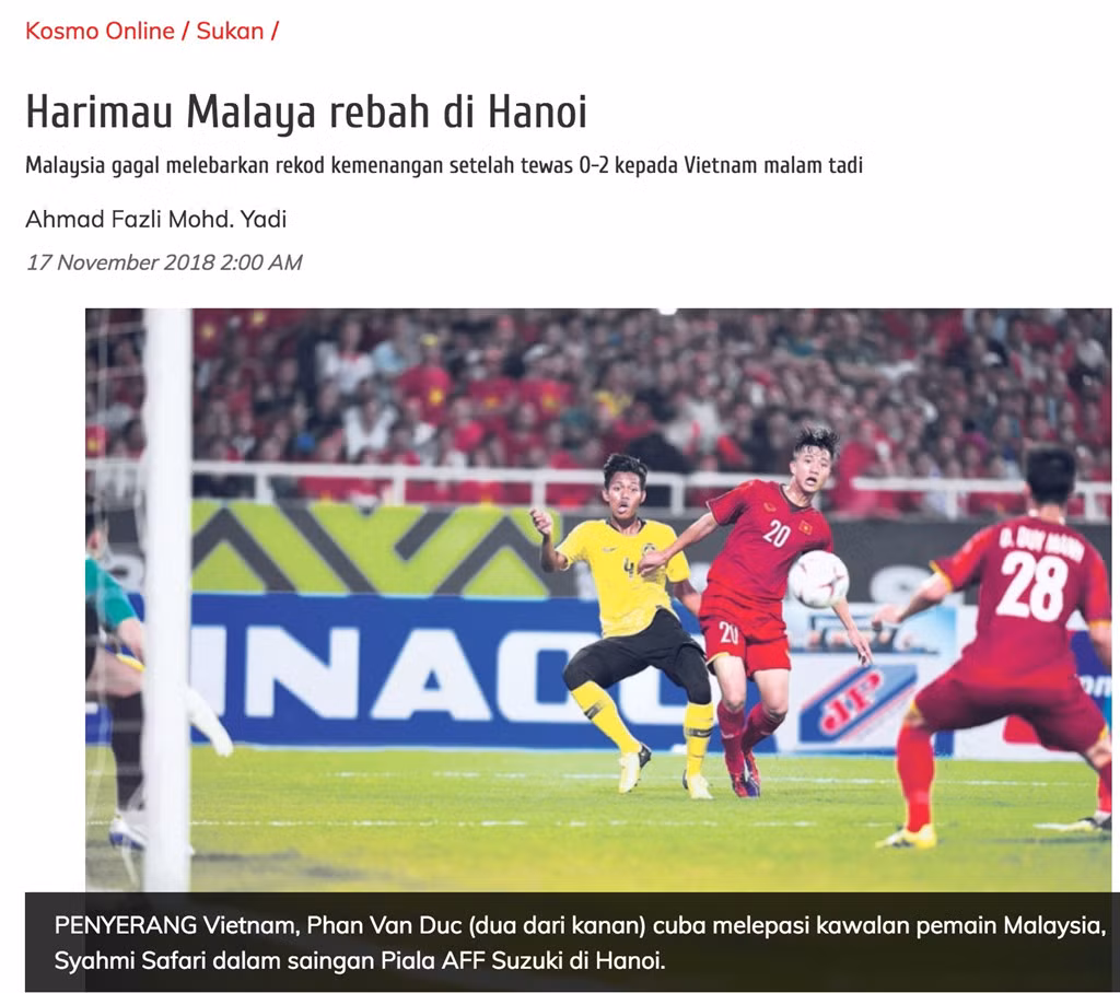 rang Kosmo của Malaysia chấp nhận một thất bại dành cho đội tuyển Malaysia.