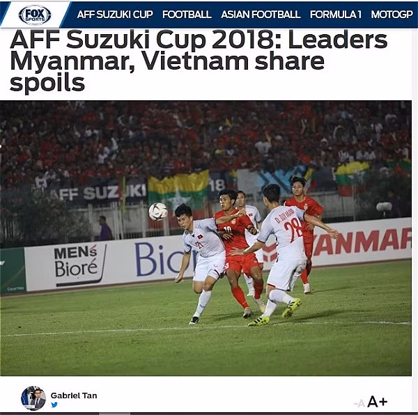 Bài viết về trận đấu giữa Việt Nam - Myanmar trên Fox Sports Asia.