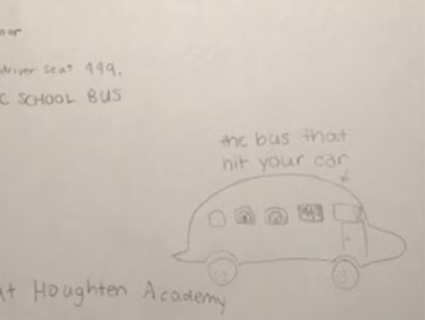 Một phần tờ giấy nhắn của bạn học sinh lớp 6 – kèm theo cả hình vẽ chiếc xe bus.