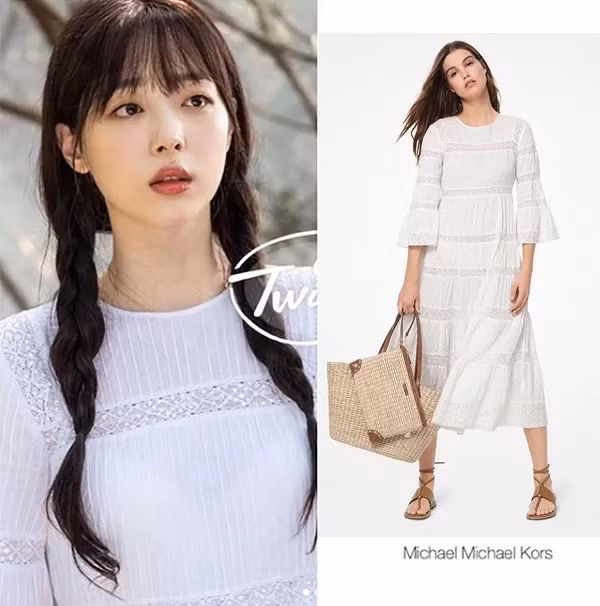 Mẫu váy trắng dáng maxi pha ren phóng khoáng của Michael Kors cũng giúp Sulli có diện mạo trong trẻo trong phim. So với những món đồ khác, trang phục này giá 
