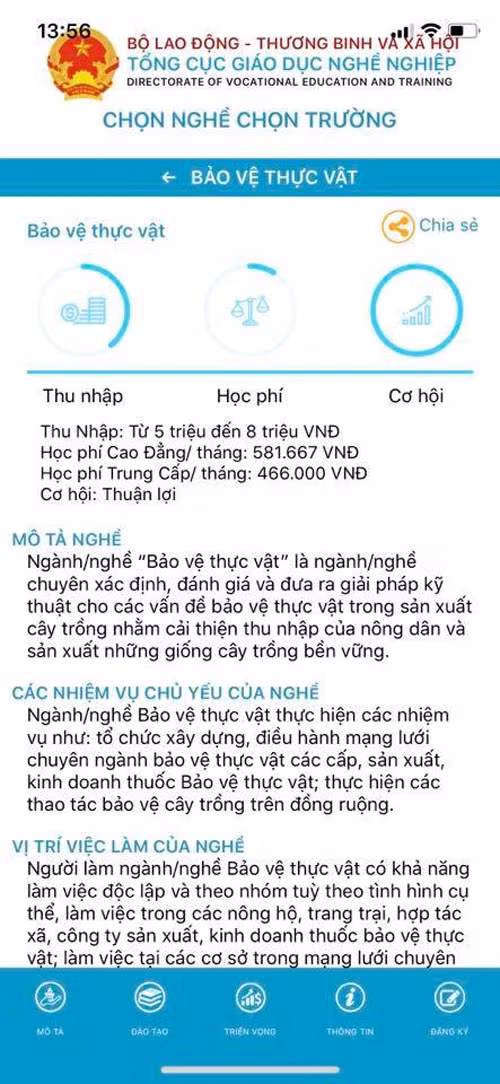 Một trang mô tả nghề trong ứng dụng chọn nghề. Ảnh: QUÝ HIÊN
