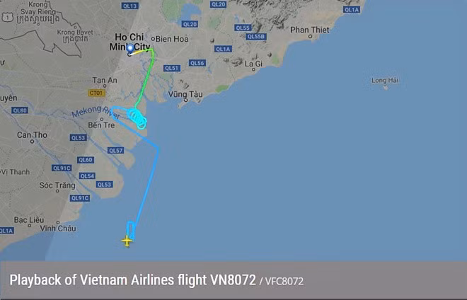 Chuyến bay VN8072 của Vasco từ Côn Đảo đi TP.HCM phải bay 7 vòng lớn trên trời để chờ hạ cánh. Ảnh: FlightRadar24.