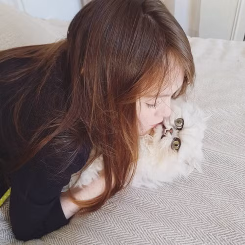 Hình ảnh Wilfred khi được cô chủ âu yếm.