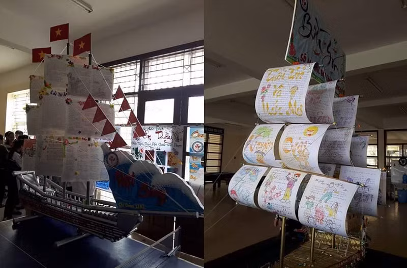 Thay vì làm báo tường "Người lái đò" như thế hệ trước, các bạn học sinh bây giờ đã làm hẳn một con thuyền để gửi lời tri ân đến thầy cô.